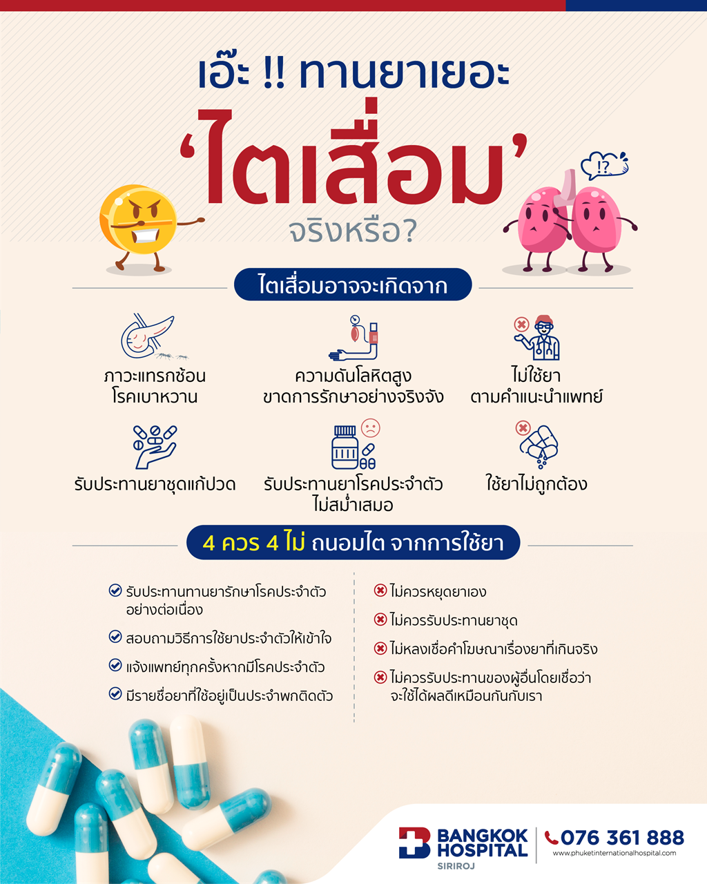 #โรคไตเรื้อรัง ส่วนใหญ่มีสาเหตุมาจากการที่คุมโรคเบาหวานหรือโรคความดันโลหิตสูงไม่ได้ ซึ่งทราบกันดีอยู่แล้วว่าโรคเบาหวาน หรือความดันโลหิตเป็นโรคที่สามารถเกิดโรคแทรกซ้อน หรือจะนำไปสู่โรคอื่นๆ ได้ง่าย
