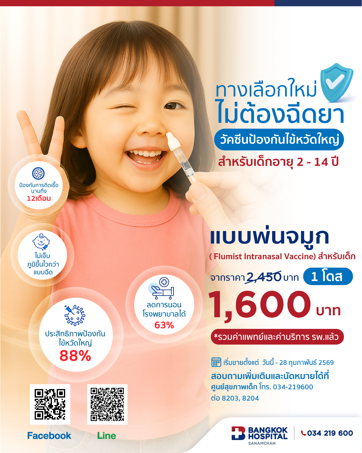 วัคซีนป้องกันไข้หวัดใหญ่ สำหรับเด็ก อายุ 2-14 ปี (แบบพ่นจมูก)